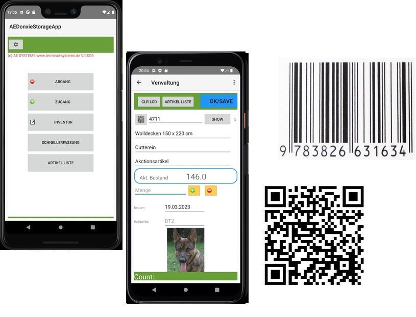 Lagerverwaltung mit Smartphone. Diverse Screenshots mit Barcode und QR Code