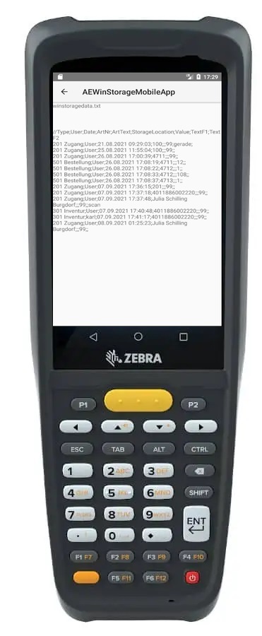 Bild Zebra Handcomputer mit erfassten Daten in der Ansicht