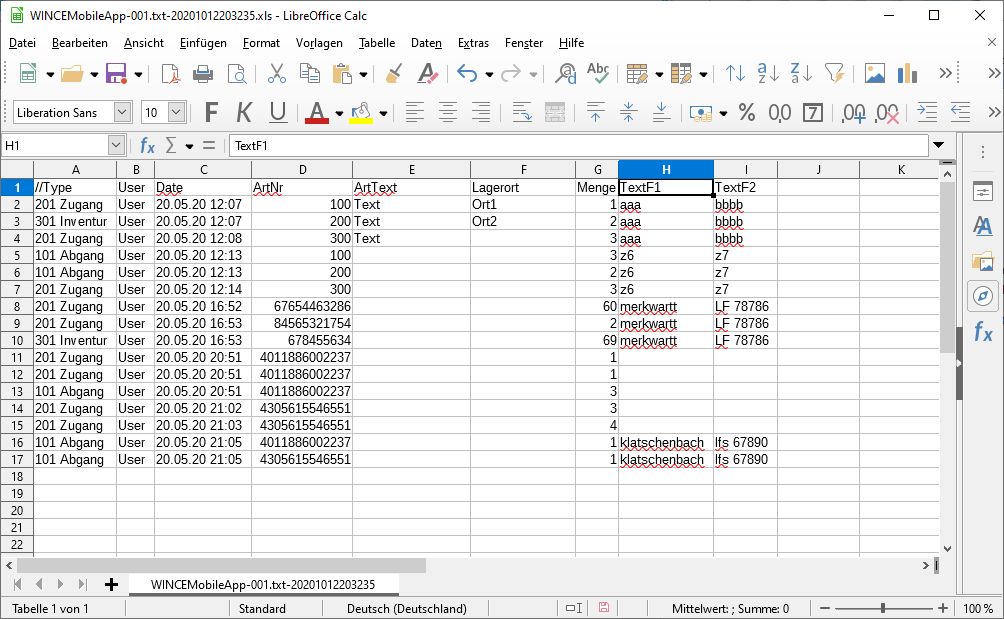 Bild Mit der App erfasste Daten in Excel 
