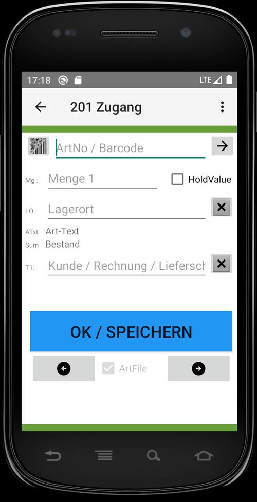 Bild Screenshot auf Android Gerät. Erfassungsmaske mit Daten