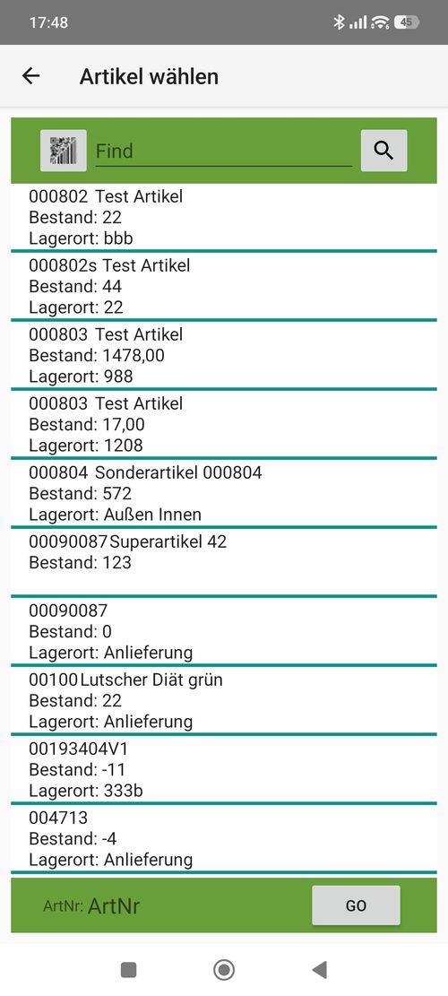 Auswahl des Artikels aus einer Artikel Liste