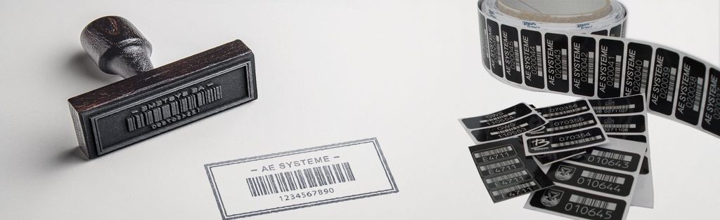 Stempel mit Barcode Etiketten. Collage
