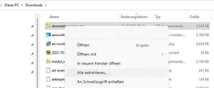 Windows Explorer. Rechte Maustaste. ZIP entpacken